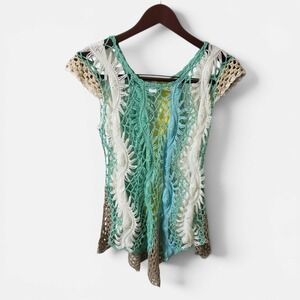 Vivid‎ Collection Asymmetric Crochet Knit Colorblock Top Boho Fairy Hippie Large